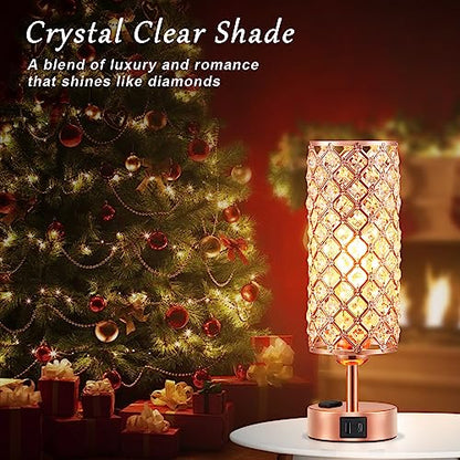 Hong-in Rose Gold Lamp Set of 2, 3-Way Crystal Table Lamp Touch Control with USB-C+A & AC Ports, Dimmable Nightstand Desk Light, Pink Bedside Table Lamp for Bedroom(Bulb Included & Set of 2) - color: Rose Gold
