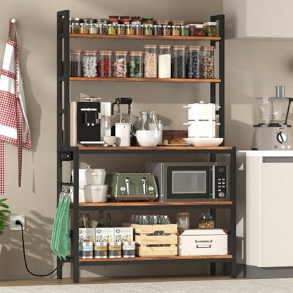 Kitchen Baker’s Rack with Power Outlet, 5-Tier Free Standing Storage Shelf Rack with Hooks, Kitchen Shelves with Storage,Industrial Microwave Stand Shelf for Dining Room,Coffee Bar for Spaces - size: with power outlet