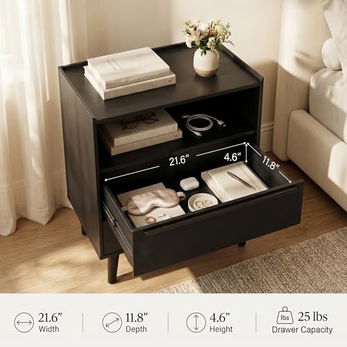 26 Inch Tall Black Oak Nightstand with Charging Station, 2 Drawers | 24 inch wide, 16 inch deep design with raised-edge tray top, open shelf, hidden storage, and a streamlined look - color: Black Oak