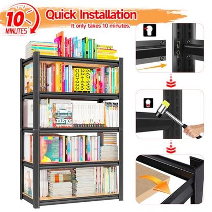 24"W Steel and Wood Book Shelf, 4 Tier Metal Bookcase, 1200LBS Display Shelving, Adjustable Utility Shelf Organizere, Standing Storage Shelves for Study, Bedroom, Living Room and Home Office, Black - size: 24"W x 12"D x 46"H
