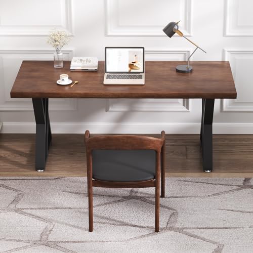 Solid Wood Desk 55 Inch, Rustic Wooden Writing Desk with Sturdy Metal Frame, Modern Simple Design Executive Real Wood Computer Desk for Home Office, Bedroom & Living Room - size: 55.12in