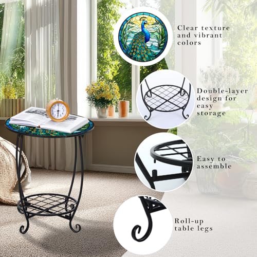 Cinnvoice Outdoor Side Table Round Small Mosaic Patio Accent Indoor End Plant Coffee Tea Table for Yard Patio Porch Garden Living Room, Bedroom(Peacock Style,12 Inch) - size: 12 Inch, style: Peacock Style