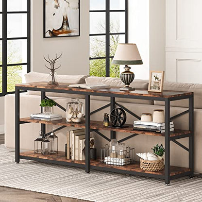 Tribesigns 70.9 Inch Extra Long Console Table, Modern Sofa Table Behind Couch Table with Storage Shelves, 3-Tier Industrial Hallway Entryway Table for Living Room, 3 Shelf Bookshelf(Brown) - color: Brown