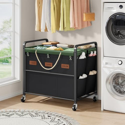 350L Extra Large Laundry Cart, Laundry Hamper 6 Section, Black | Large Capacity, Heavy Duty Lockable Wheels, Sturdy Metal Frame, Leather Patchwork, Removable Bags - color: Black, size: 6 Bag 350L