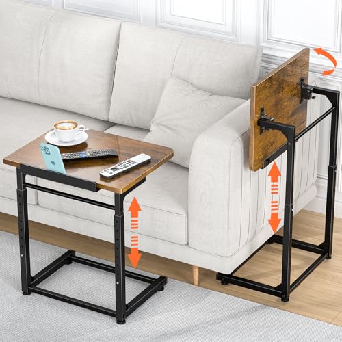 Tv Tray Table Set of 2, 8-Level Adjustable Height Couch Side Table，90° Tilt Angle Adjustments C-Shaped End Table, with Phone & Tablet Slot Sofa Computer Desk for Couch, Sofa, Bed, Chair, Living Room - color: Brown, size: 2 pcs