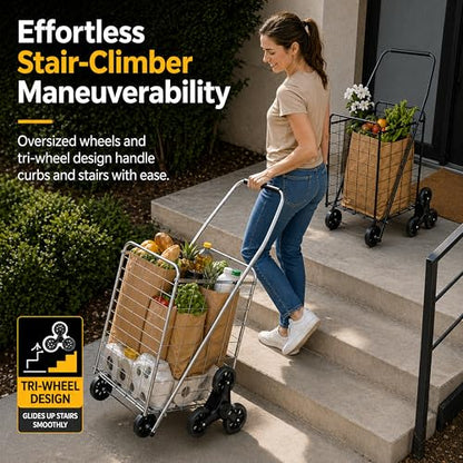 Wellmax 2-Pack Shopping Utility Cart with Stair Climber, Collapsible Folding Cart for Grocery, X-Large and Large (Black and Silver) - size: Large-Medium
