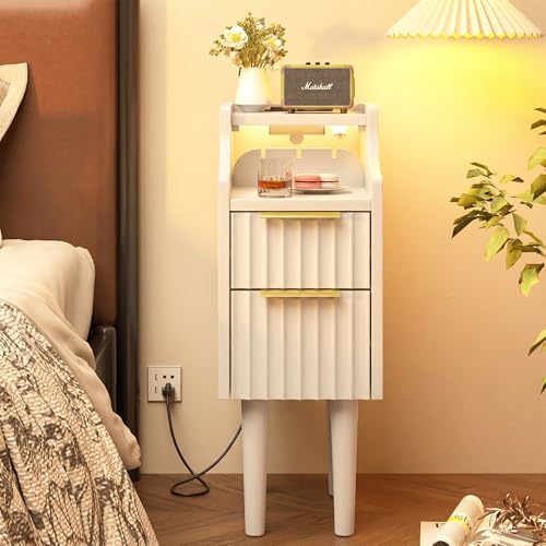 Fluted Narrow Nightstand with Charging Station, Solid Wood Night Stand with 2 Drawers, White Mid Century Modern Led Nightstand, Small Beside Table with Open Storage Shelf for Bedroom （10 inch） - color: White