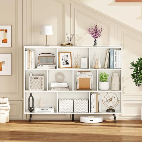 Giantex 10-Cube Bookcase, 3-Tier Modern Bookshelf with 5 Metal Legs, 55" Freestanding Open Storage Organizer with 2 Anti-tip Devices, Mid-Century Display Rack for Living Room (55" x 9.5" x 42") - size: 55" x 9.5" x 42"