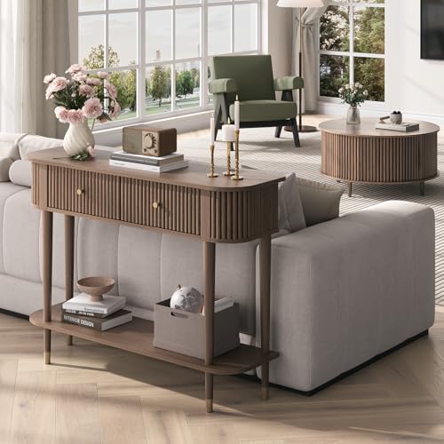 JOINICE 43" Entryway Table with Drawers,Fluted Console Table with Storage Shelf,Narrow Sofa Table for Living Room,Hallway,Foyer,Walnut - color: Walnut