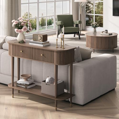 JOINICE 43" Entryway Table with Drawers,Fluted Console Table with Storage Shelf,Narrow Sofa Table for Living Room,Hallway,Foyer,Walnut - color: Walnut