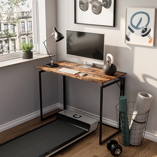 31.5" Folding Desk: No Assembly, Wood Top for Small Spaces | Home office desk, holds 150 lbs, folds flat to 2.3 in, splash-proof wood top, sturdy metal frame - color: Rustic Brown, size: 31.5"W x 15.7"D
