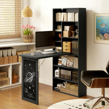 Folding Wall Mounted Desk with Storage, Expandable Hidden Computer Desk, Foldable Space-Saving Pull Out Murphy Table, Writing Table with Blackboard for Home Office Bedroom Small Spaces (Black) - color: Black