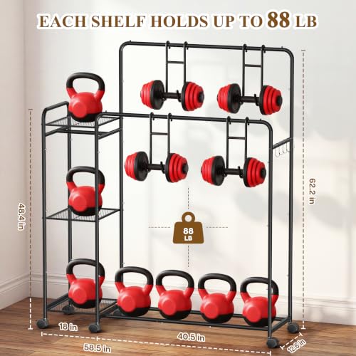 Heavy Duty Clothes Rack with Wheels, Double Rod Clothing Rack with Storage Shelves & Hooks, Rolling Garment Rack and Portable Closet Organizer for Bedroom, Laundry Room, Apartment