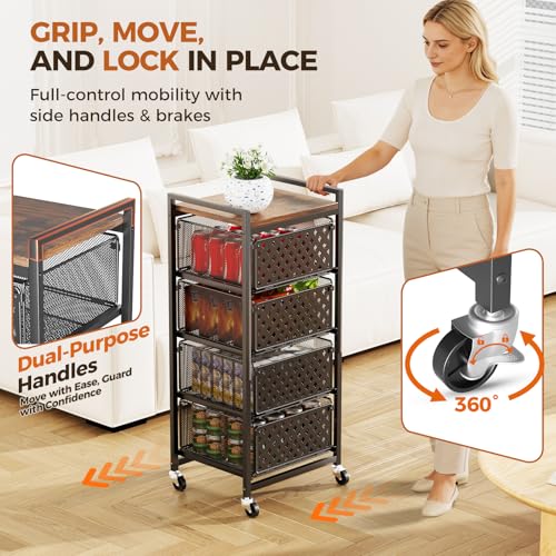 5 Tier Kitchen Storage Cart with Wheels, Utility Fruit Vegetable Storage Rack Stand with Pull-Out Baskets & Wood Top, Metal 4-Drawers Rolling Snack Cart, Kitchen Cart for Potato Onion(Black) - color: Black