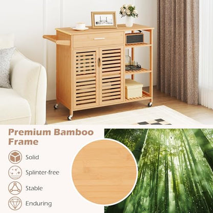 Bamboo Kitchen Island Cart with Storage, Rolling Butcher Block | Large Drawer, 2-Door Cabinet, 3-Tier Open Shelves, Towel Rack, Wheels Included; For Dining Room, Apartment, Small Spaces - size: 41”Lx16”Wx35”H