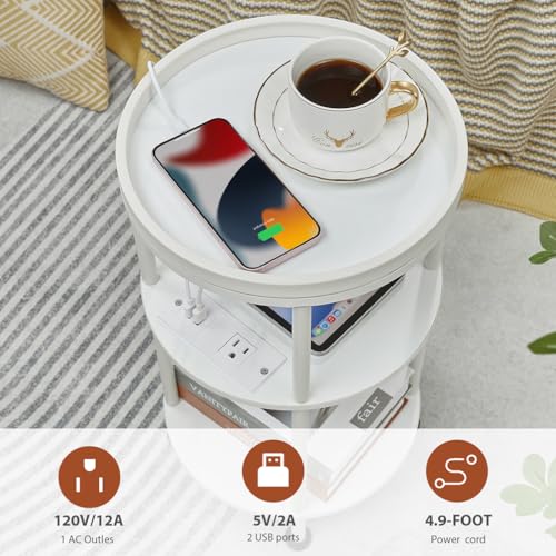 Small Round End Table with Charging Station, 3-Tier Accent Couch Beside Table with USB Ports & Power Outlets, Sofa Side Table for Living Room Small Nightstand Bedroom (USB Charger, White) - color: White, style: USB Charger