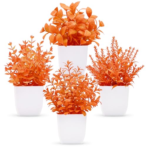 Der Rose 4 Pack Fall Fake Plants in White Pots, Autumn Bathroom Home Decor | Warm orange faux plants, Autumn fall seasonal accents, for shelf windowsill desk bathroom office and Halloween decor - color: Orange