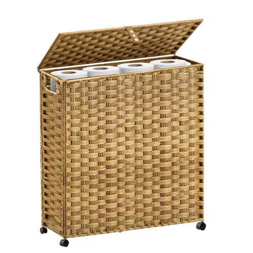 Hiagnete Toilet Paper Storage Basket with Lid and Wheels, Rattan Toilet Paper Holder Storage, Toilet Paper Organizer for Bathroom, Bedroom, Kitchen, 19.7”L x 7.9”W x 24.62”H, Natural - color: Natural, size: 19.7”L x 7.9”W x 24.62”H