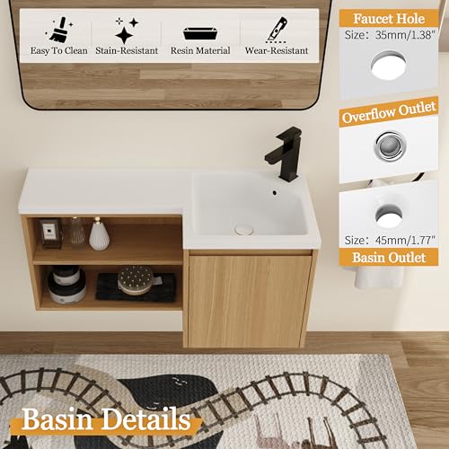Malwee 36" Corner Floating Bathroom Vanity with Resin Sink, Right Side L-Shaped Wall Mounted Cabinet, Soft Close Door & Open Shelf, Space Saving Vanity for Small Bathroom, Light Brown - size: 36" (Right Sink)