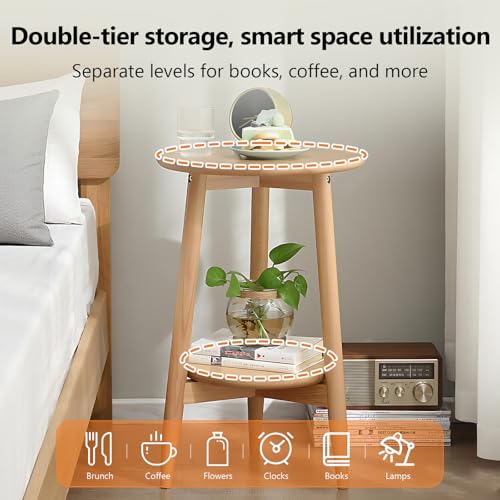 Side Table, Small Round End Table with 2-Tier Shelf, Solid Wood Nightstand for Living Room Bedroom, Mid Century Modern Accent Table for Small Spaces, Natural 19.49" D x 24.02" H