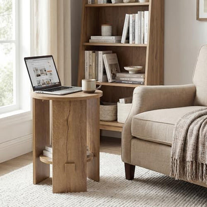 Round End Table with 2-Tier Storage Set of 2, 15.5” Small Side Table for Living Room, Modern Nightstand with Open Shelf, Compact Accent Table for Bedroom, Sofa Side, (Natural) - color: Natural