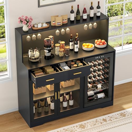 Gyfimoie 53" Wine Bar Cabinet with Fridge Space & Outlets, Large Coffee Bar Table with Storage Drawer,Liquor Cabinet with Wine Rack for Home, Living Room, Dining Room, Kitchen (Black)