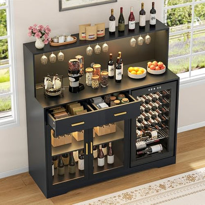 Gyfimoie 53" Wine Bar Cabinet with Fridge Space & Outlets, Large Coffee Bar Table with Storage Drawer,Liquor Cabinet with Wine Rack for Home, Living Room, Dining Room, Kitchen (Black)