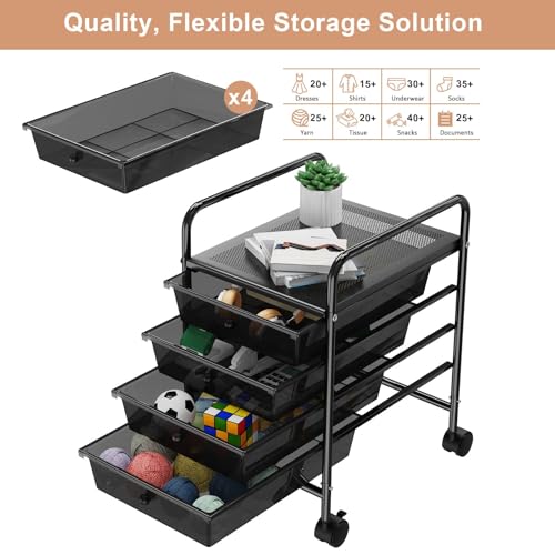 4-Tier Utility Cart with 4 Drawers, Rolling Utility Cart with 2 Lockable Caster Wheels, Multipurpose Mobile Rolling Drawer Cart for Office Bathroom Kitchen, Transparent Black - size: Black, 4-Tier