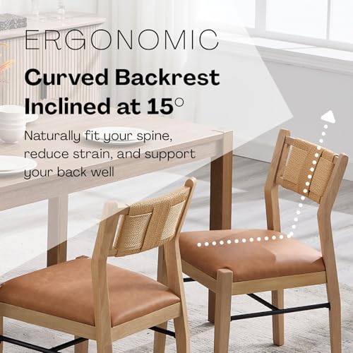 BESTANO Modern Armless Dining Chairs with Rope Woven Back Set of 2, Brown PU Leather Upholstered Kitchen & Dining Room Chairs, Mid-Century Classic Farmhouse Wooden Side Chair - color: Brown, size: 2 Chairs