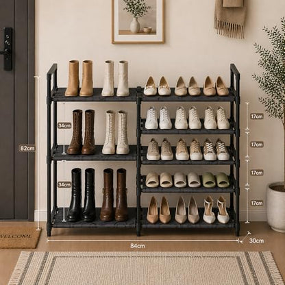 5 Tier Shoe Rack Black Tubes Shoe Rack with Oxford Fabric Lightweight Shoes Storage with Hooks Sturdy Vertical Shoe Rack Keep Dirt from Falling for Closet Entryway Garage-Easy to Assemble