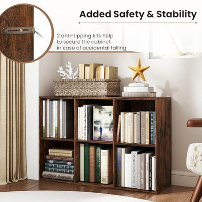 Giantex 6-Cube Bookcase, 3-Tier Cubby Bookshelf, Horizontal Vertical Display Rack with Anti-Tipping Kits, Modern Storage Organizer Shelf Unit for Living Room, Home Office, Rustic Brown | Horizontal Vertical Display Rack with Anti-Tipping Kits, Modern Stor