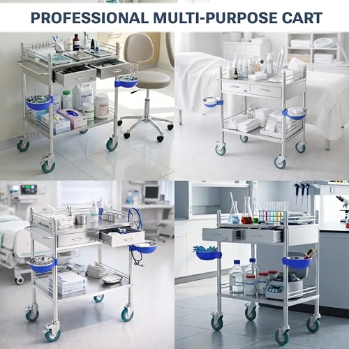 *Improved & Upgraded* Medical Stainless Steel 2 Tier Rolling Cart with Wheels and Drawers | Dental Hospital Nursing Trolley | Easy-to-Disinfect Phlebotomy Mobile Workstation