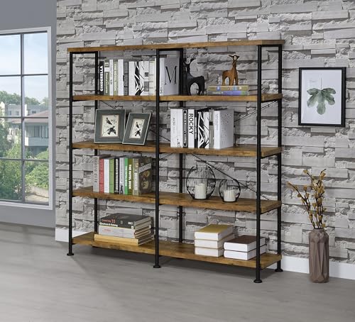Coaster Home Furnishings - Analiese - Wood and Metal - 4-Tier Double Bookshelf with Open Shelves, X-Back Bracing, and Rectangular Frame - Home Office - 63-Inch - Rustic Nutmeg - 801543 - color: Rustic Nutmeg