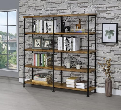 Coaster Home Furnishings - Analiese - Wood and Metal - 4-Tier Double Bookshelf with Open Shelves, X-Back Bracing, and Rectangular Frame - Home Office - 63-Inch - Rustic Nutmeg - 801543 - color: Rustic Nutmeg