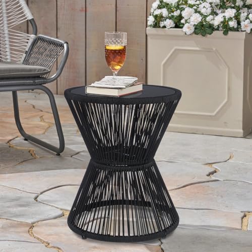 SUNNYPARK Small Outdoor Side End Table Modern Hourglass Style 20" H | Tempered Glass Top, Hand-Woven Rope, Easy Assembly, All Weather, Round Accent Table for Coffee Patio Balcony Poolside - color: Black
