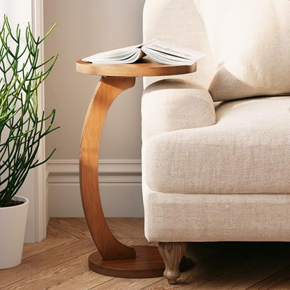 COZAYH C Shaped Round End Table for Couch Small Place, Space Saver Side Table for Sofa, Living Room, Bedside Area, Coffee and Eating Snack Tray, Walnut Color - color: Walnut