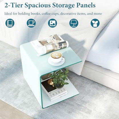 Tangkula Tempered Glass Side Table, Modern C-Shaped Bedside Table Nightstand with Storage Shelf, 4 Lockable Universal Wheels, Rolling Sofa End Table for Living Room Bedroom Office (1, White) - color: White