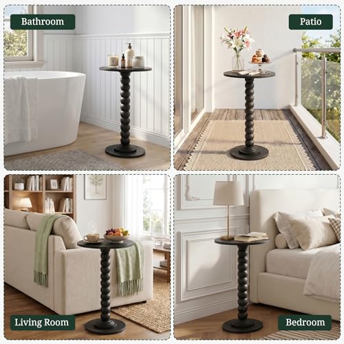 Round Side Table for Small Spaces, Modern Pedestal End Table with Solid Wood Spindle Leg, Small Drink Table Accent Nightstand for Living Room, Bedroom, Sofa Side, Apartment & Office, Black - color: Black