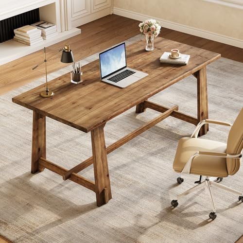 LITTLE TREE 63" Solid Wood Office Desk, Farmhouse Executive Computer Desk, Large Work Writing Table, Rustic Brown Home Office Workstaticon, Business Furniture