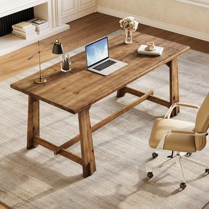 LITTLE TREE 63" Solid Wood Office Desk, Farmhouse Executive Computer Desk, Large Work Writing Table, Rustic Brown Home Office Workstaticon, Business Furniture