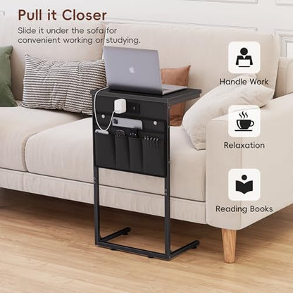 C Shaped End Table with Charging Station, 28" Tall Couch Side Table, Sofa Table Beside Table, Slide Under Sofa Arm C Table for Small Spaces, TV Tray Table for Living Room, Bedroom, Black - color: Black