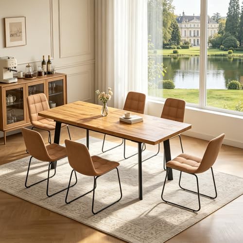 Extendable Dining Table Set for 6 to 8 People, 63" to 78.7" Modern Kitchen Table Set with 6 Chairs, MDF Dining Room Table and Chairs with Removable Extension Leaf (Walnut Table+U-Shaped Brown Chairs) - color: 63'' - 78.7'' Walnut Table+6 U Brown Chairs