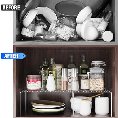 4Pack Expandable Storage Shelf, 13.5"~23" L x 9.4" W x 5.5" H, White | Adjustable Rustproof Metal Wire Spice Rack, Space Saver Kitchen Storage Shelves for Pan, Pot, Countertop, Drawer, Fridge - size: 4Pack-White-13.5-23 x 10 inch