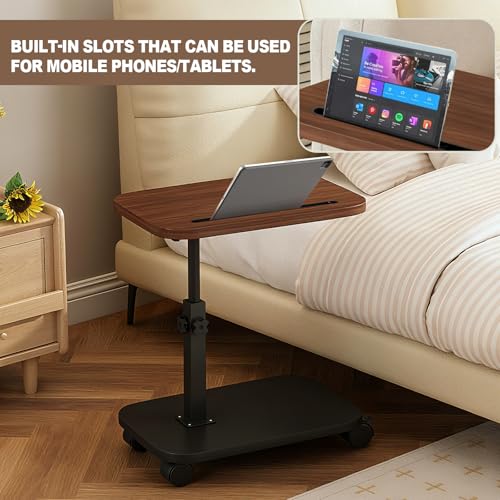 Adjustable Height TV Tray Table with Wheels, C Shaped End Side Table & Phone Tablet Slot, Swivel Snack Stand for Couch, Sofa, Bed,Living Room, Laptop Use in Small Spaces (Walnut) - color: Walnut