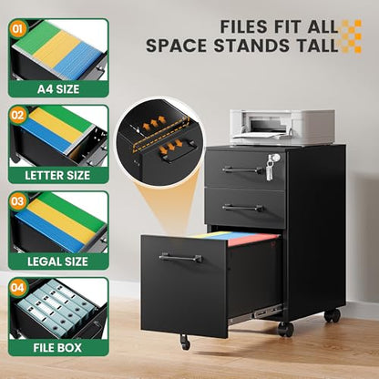 3 Drawer Slim File Cabinet, Mobile Filing Cabinet with Lock,Black Rolling Narrow File Cabinets with Casters, Under Desk Office Cabinets for Home Office,Fit A4/Letter/Legal(Unassembled) - color: Black, size: 11.8"W x 23.6"H x 17.7"D