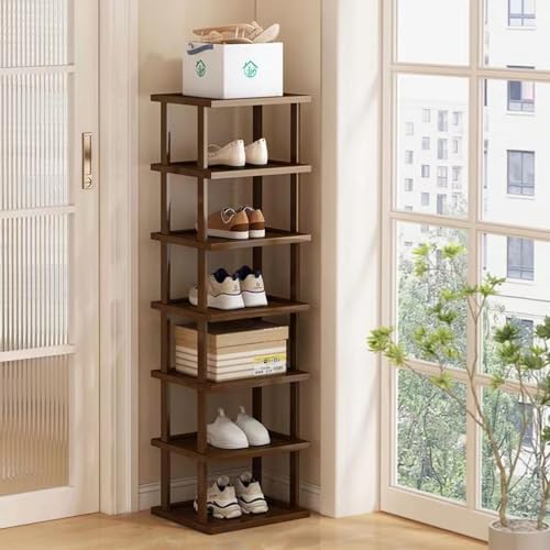 Vertical Shoe Rack - Tall Narrow Shoe Rack Organizer for Small Spaces,7 Tier Bamboo Shoen Shelf for Entryway,Closet,Corner,Doorway,Skinny Shoe Shelf Space Saving Shoe Storage,Free Stackable DIY… - color: Brown, size: 7-tier