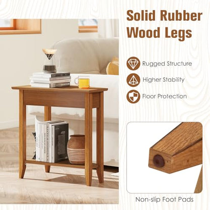 Giantex Wedge End Table, Triangle Side Table with Storage Shelf and Solid Wood Legs, 24.5" Tall Nightstand, Modern Narrow Accent Recliner Table for Small Space Living Room, Walnut - color: Light Walnut