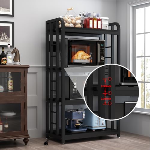 Bakers Rack with Power Outlet ，Microwave Stand 4-Tier Kitchen Baker's Rack, Free Standing Baker's Rack Kitchen Stands with Storage Suitable for Kitchen, Living Room, Dinning Room，Coffee Bar (Black) - color: Black