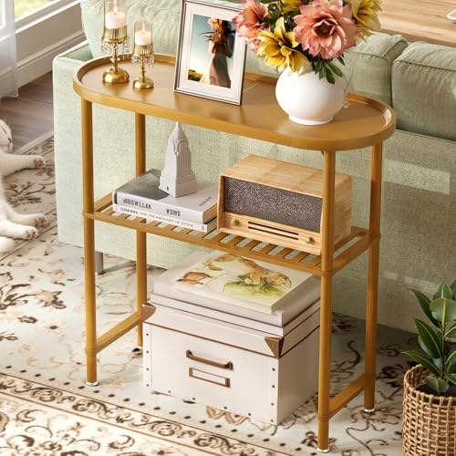 Small Entryway Table Bamboo, Narrow Hallway Table 2-tier, Slim Console Table with Anti-fall Edge, Sofa Side Table 5min Assembly, Small TV Stand, Plant Stand, Walnut, 30.7"L x 11.8"W x 29.7"H - color: Walnut, size: 30.7"L x 11.8"W x 29.7"H