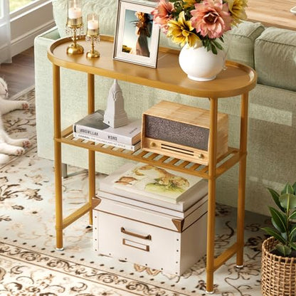 Small Entryway Table Bamboo, Narrow Hallway Table 2-tier, Slim Console Table with Anti-fall Edge, Sofa Side Table 5min Assembly, Small TV Stand, Plant Stand, Walnut, 30.7"L x 11.8"W x 29.7"H - color: Walnut, size: 30.7"L x 11.8"W x 29.7"H